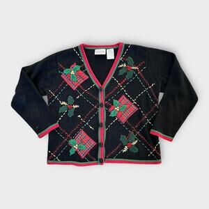 Vintage Holiday Christmas Cardigan Sweater Plaid Basic Editions Women's sz Small